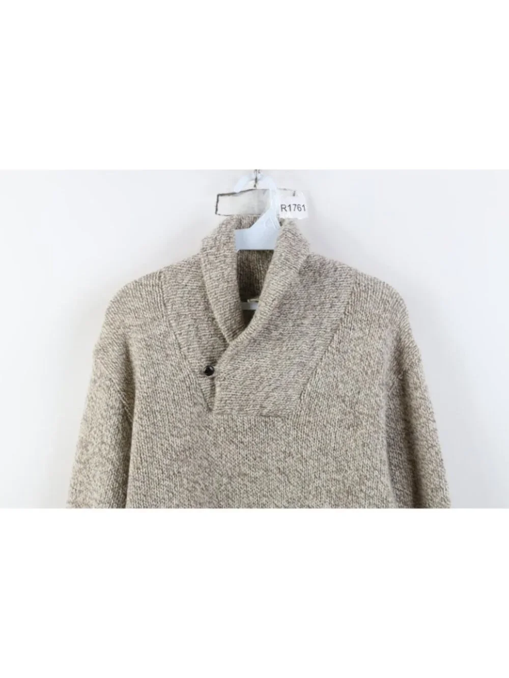 Vintage 70s LL Bean Mens Medium Blank Wool Blend Knit Shawl Sweater Beige USA